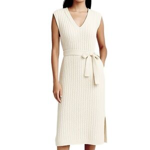 Massimo Dutti Ivory Cable Knit Sweater Dress S NWT Tie Waist Wool Cashmere Blend
